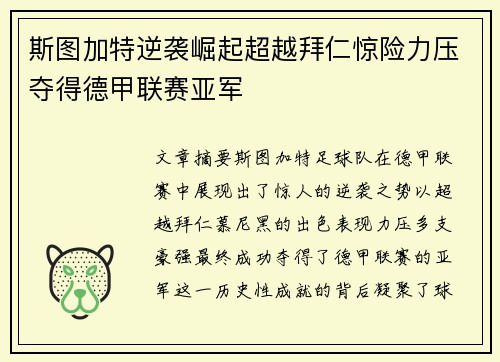 斯图加特逆袭崛起超越拜仁惊险力压夺得德甲联赛亚军